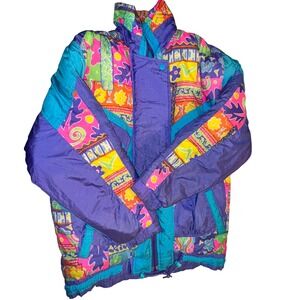 Vintage 80s 90s Colorful Abstract Print‎ Puffer Ski Jacket Women's Size 14